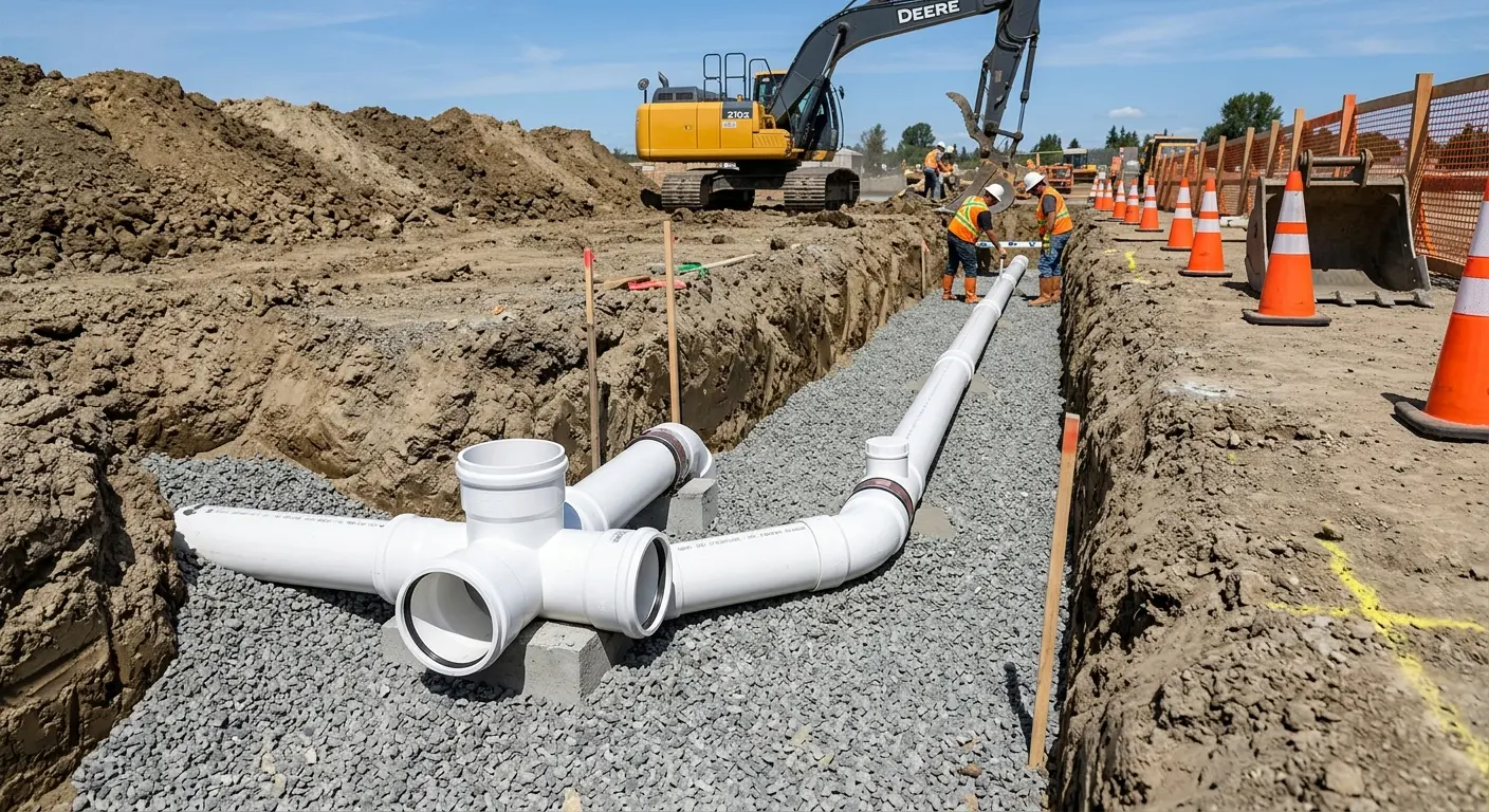 New PVC sewer pipe installation in open trench for Sewer Backup in Gardner