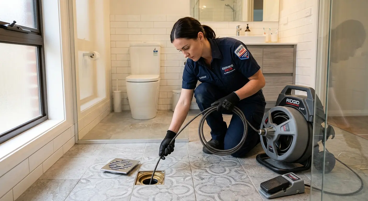 Technician clearing a bathroom floor drain for Hydro Jetting in Gardner